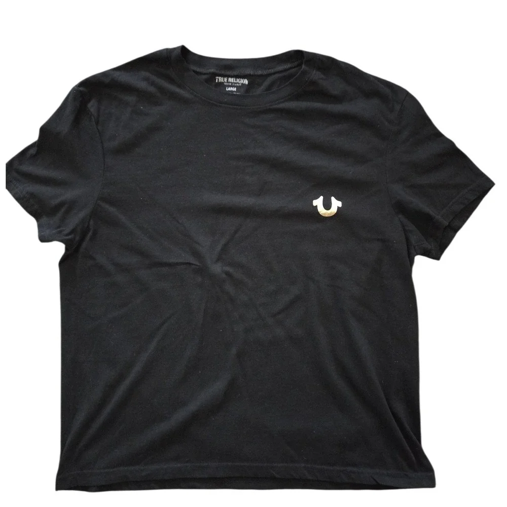 True Religion Mens Black Gold Foil Horseshoe Logo Graphic T-Shirt Large